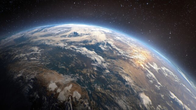 Earth viewed from space showcasing both day and night sides, illuminated continents, glowing city lights,