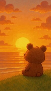 A warm, nostalgic video scene of a teddy bear watching a sunset over the ocean. Captured from behind at a low angle, with a dreamy, painted style. Live mobile wallpaper.