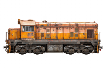 Rusted orange yellow train engine locomotive diesel isolated on a transparent background