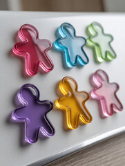Obraz premium Colorful human-shaped magnets on a white fridge door.