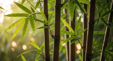 Fototapeta premium Sunlit bamboo stalks with vibrant green leaves against a soft, golden bokeh background
