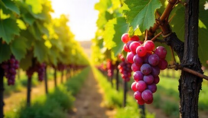 Naklejka premium Sun-drenched rows of ripening grapes hanging heavy on the vine, ready for harvest at a picturesque winery Lush green foliage surrounds the vibrant fruit , natural, harvest
