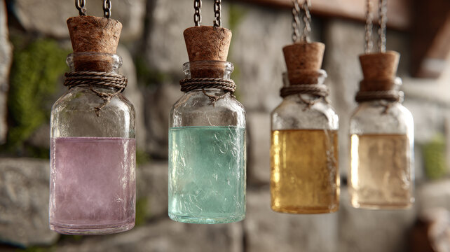 Four colorful potion bottles hanging against a stone wall.