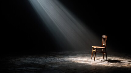 actor. An empty theater stage with a single wooden chair under a solitary spotlight. event programs, museum guides, designed for cultural heritage projects and event programs, preserves heritage.