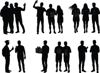 Silhouettes of People Celebrating, Gift Giving, Graduation Moment, Social Interaction, Human Connection, Present Exchange, Happy Pose, Vector Art Illustration