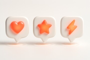 Three 3D white speech bubbles with glowing orange heart, star, and lightning bolt symbols