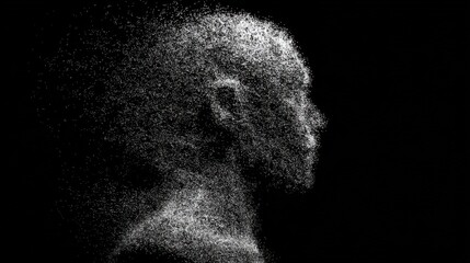 Silhouette of a human head and neck profile formed by densely packed white dots against a black background,