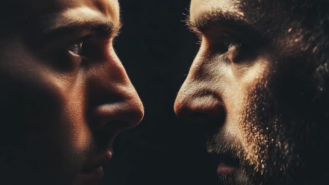 Two men face off intensely, highlighting strong emotions, contrasting light and shadows