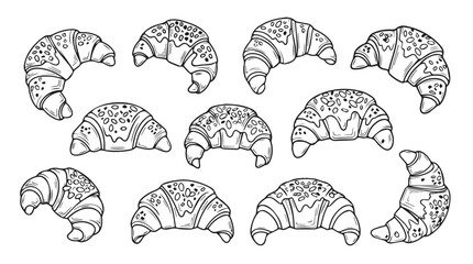 Delicious croissants hand drawn sketch set delicious bakery pastries isolated graphic elements vector