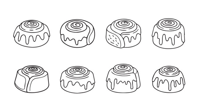 Hand drawn cinnamon rolls with drizzle set isolated sweet pastry food collection outline drawing vector