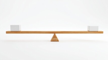 A wooden seesaw balances two identical white cube-shaped objects symmetrically on a plain white background,