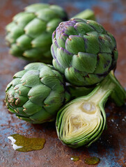 Obraz premium Fresh artichokes on a rustic textured surface.