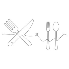 Continuous one line drawing of a knife, spoon, and fork, line art. simple drawing. vector.