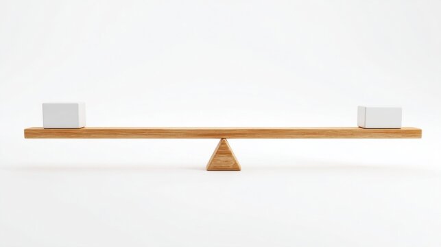 A wooden seesaw balances two identical white cube-shaped objects symmetrically on a plain white background,