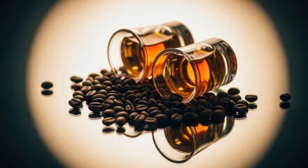 Fototapeta premium Two golden shots of spirits nestled among coffee beans, reflecting on a warm lit surface
