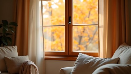 Fototapeta premium Cozy minimalist bedroom interior with soft autumn light, foggy forest view through large windows, warm indoor glow, neutral palette, peaceful luxury mood. AI-Generated!