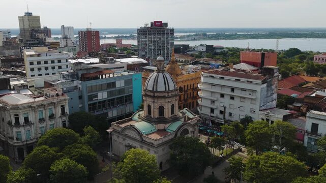 Close up dolly in aerial view of domed Pantheon of the National Heroes in historic downtown Asunci&oacute;n, Paraguay.