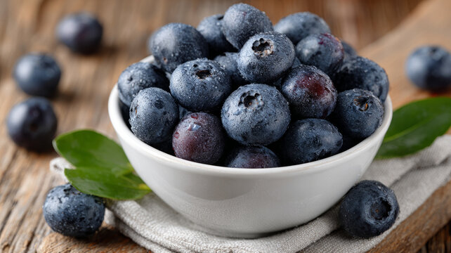A bowl of fresh blueberries on a rustic wooden table.