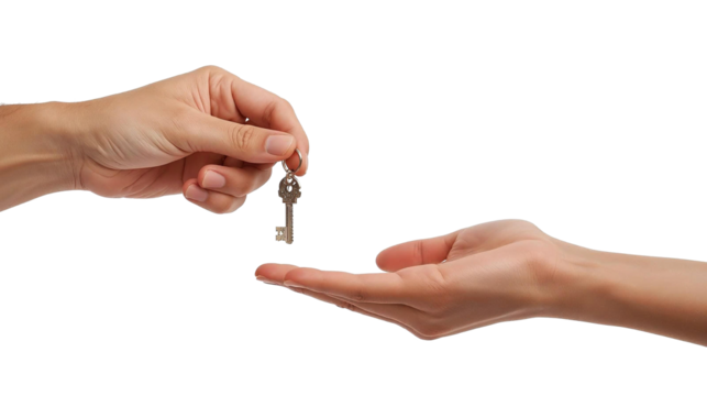 Real estate agent's hand giving house keys to a new homeowner. Isolated on transparent background