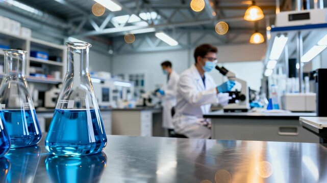 Blue liquid-filled glass flasks in a modern laboratory with scientists working with microscopes for research and chemical analysis. - Powered by Adobe