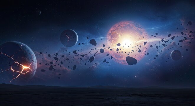 Cosmic Cataclysm Celestial Bodies Exploding and Shattering in Deep Space Nebula with Glowing Starburst and Asteroid Debris Floating in Dark Universe