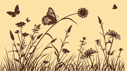 Silhouette of wildflowers butterflies and grasses on a beige background.