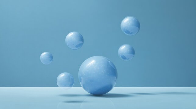 Three dimensional blue spheres of varying sizes on a light blue background,