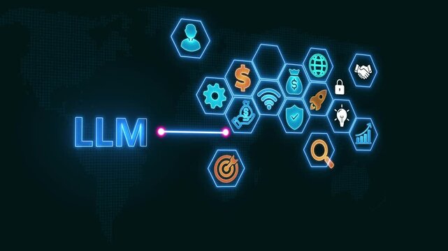 An animated brain icon with a chat symbol creates text. Represents a Large Language Model (LLM), AI chatbot, artificial intelligence, conversational and generative technology black background 4k video