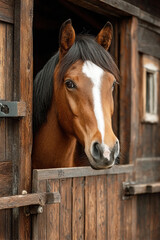 Modern stable with a tidy horse stall featuring a beautiful stallion in the background