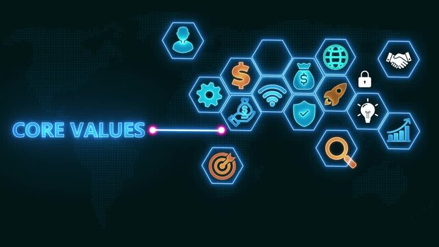 shows glowing neon line banner of CORE VALUES concept with icons of responsibility, customers, integrity, goals, teamwork, commitment and innovation on virtual screen. black background 4k video .