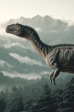 Afrovenator roams through a misty primeval forest against majestic mountain backdrop