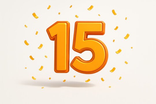 Vibrant orange 3D number 15, surrounded by scattered confetti on a bright white background