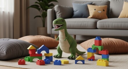 Vibrant playroom scene green dinosaur toy, colorful blocks, soft pillows, and a couch