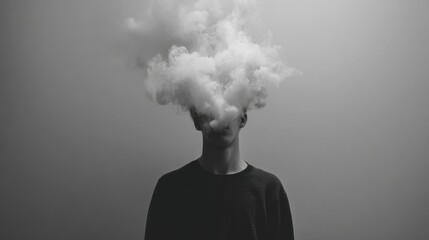 A mysterious figure with dense white clouds obscuring the head wears a plain dark shirt against a simple grey background