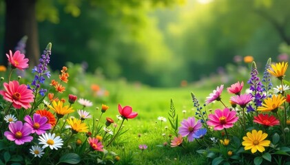 Fototapeta premium Vibrant wildflowers and lush greenery create a stunning natural border, perfect for adding a touch of springtime freshness to any landscape , colorful, field, wildflower border