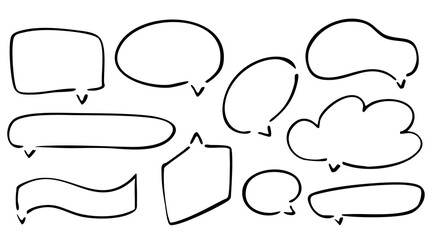Set of blank empty speech bubbles in doodle style. Hand drawn chat and message boxes for comics, text, and conversation design. Floating bubbles vector illustration isolated on white background.