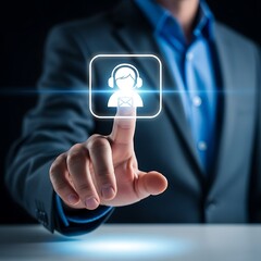 Business professional interacting with digital customer support icon touching screen interface