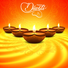 Happy Diwali Festival of Lights Background with Glowing Diyas in Golden Warm Light, Elegant Decorative Design, and Vibrant Indian Celebration Artwork for Greeting Card or Holiday Poster