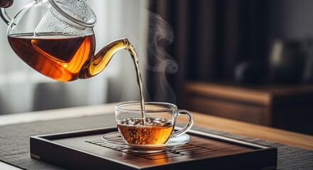 Warm amber tea pouring from a glass teapot into a steaming cup on a wooden tray