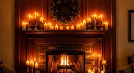 Warm, cozy fireplace with many lit candles and a festive wreath, glowing brightly