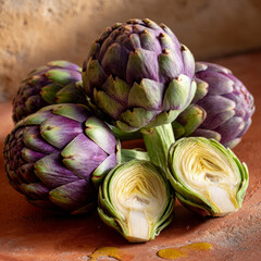 Fototapeta premium Fresh artichokes on rustic kitchen surface.