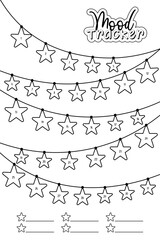 Star Garland Mood Tracker. Printable coloring template. Creative mood tracker with numbered stars hanging on decorative garlands. Ideal worksheet for holiday season and daily planning in your journal