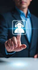 Business professional touching headset icon on a digital interface for customer service support
