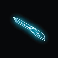 Blue neon sign of a pocket knife glowing on black background