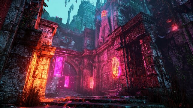 Vibrant Neon-Lit Ancient Ruins: Ethereal Overgrown Stone Architecture with Glowing Portals in a Mystical Cyberpunk Fantasy Setting