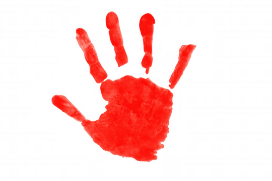 Red handprint symbolizing stop, danger, protest, identity, child's creativity, or warning with transparent background