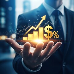 Businessman holding glowing financial growth chart and currency symbols symbolizing investment success
