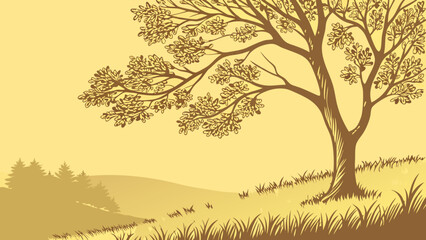 Stylized illustration of a tree in a landscape nature autumn fall vector art graphic design foliage branches hills grass background illustration design element artwork artistic nat.
