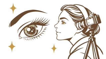 Stylized illustration of a woman with a camera on a tripod and a large eye perfect for beauty vlogging and filmmaking projects.