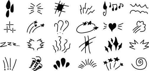 Hand-Drawn Vector Cartoon Effects Collection Dynamic Graphic Elements. Expressive Doodles for Visual Impact, Comic Style Emotions, and Action Line Illustrations.